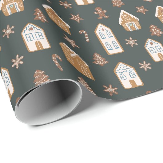 Blue Gingerbread House Christmas Pattern Cadeaupapier (Rol Hoek)