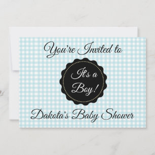 Blue gingham and Black Boy Baby shower Invitation Kaart