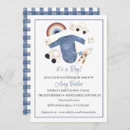Blue Gingham and Toys Baby Boy Shower Invitation Kaart