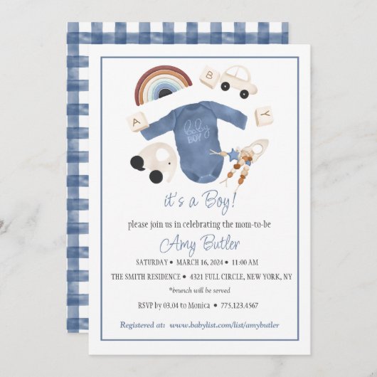Blue Gingham and Toys Baby Boy Shower Invitation Kaart (Voorkant / Achterkant)