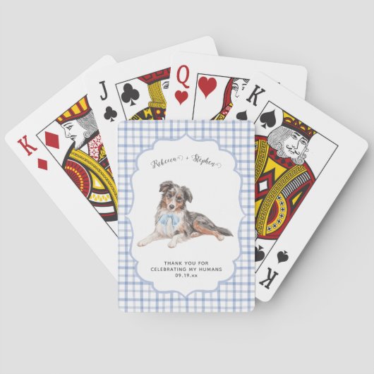 Blue Gingham | Aussie Dog Illustration Wedding Pokerkaarten (Achterkant)