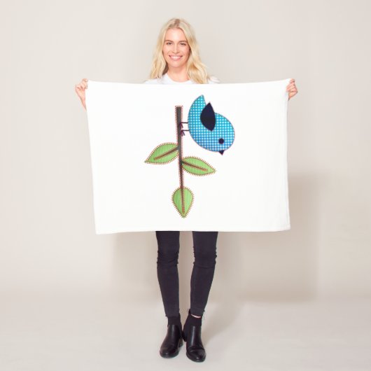 Blue Gingham Baby Bird met borduurbladeren Fleece Deken (In situ)
