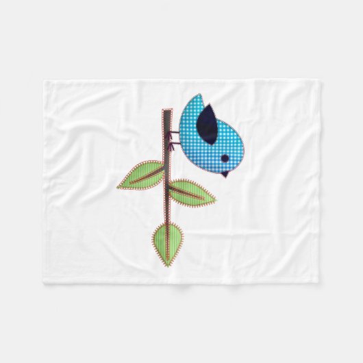 Blue Gingham Baby Bird met borduurbladeren Fleece Deken (Voorkant (Horizontaal))