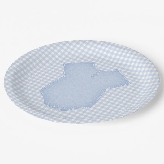 Blue Gingham Baby Boy Bodysuit Baby shower Papieren Bordje (Gekanteld)