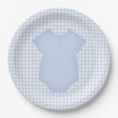 Blue Gingham Baby Boy Bodysuit Baby shower Papieren Bordje (Voorkant)