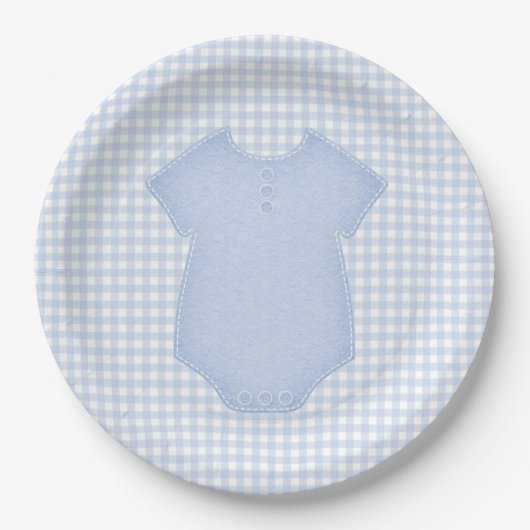 Blue Gingham Baby Boy Bodysuit Baby shower Papieren Bordje (Voorkant)