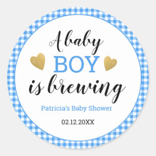 Blue Gingham Baby Boy breekt Baby shower Ronde Sticker