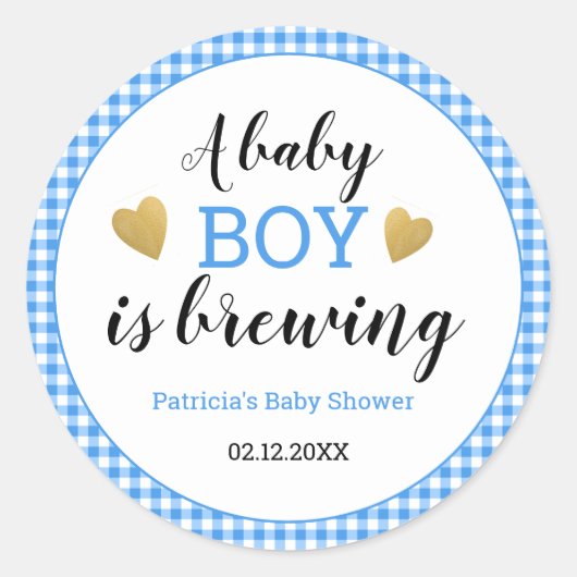 Blue Gingham Baby Boy breekt Baby shower Ronde Sticker (Voorkant)