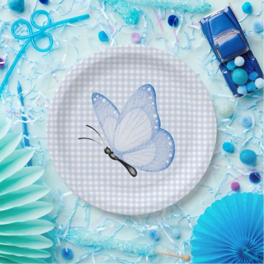 Blue Gingham Baby Boy Butterfly Baby shower Papieren Bordje (Feest)