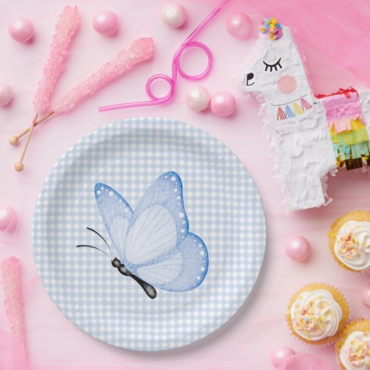 Blue Gingham Baby Boy Butterfly Baby shower Papieren Bordje (Feest)
