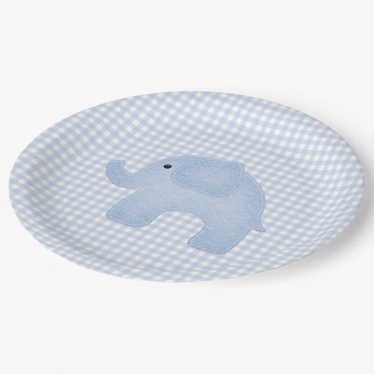 Blue Gingham Baby Boy Elephant Baby shower Papieren Bordje (Gekanteld)