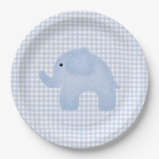 Blue Gingham Baby Boy Elephant Baby shower Papieren Bordje (Voorkant)