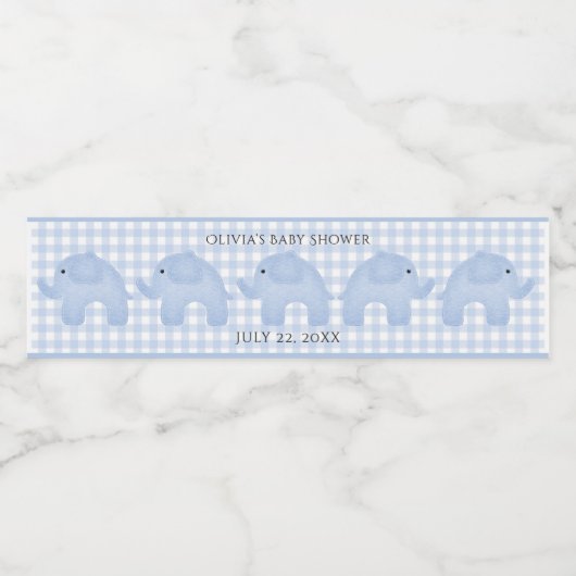 Blue Gingham Baby Boy Elephant Baby shower Waterfles Etiket (Enkel label)
