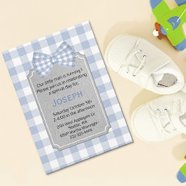 Blue Gingham Baby Boy First Birthday Uitnodiging