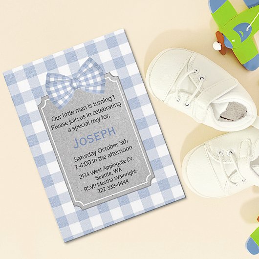 Blue Gingham Baby Boy First Birthday Uitnodiging