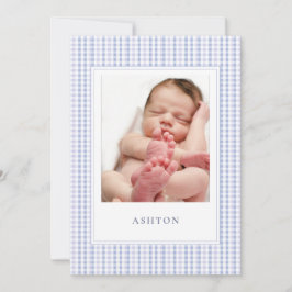 Blue Gingham Baby Boy Geboorteaankondiging Kaart