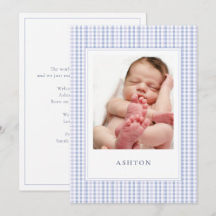 Blue Gingham Baby Boy Geboorteaankondiging Kaart