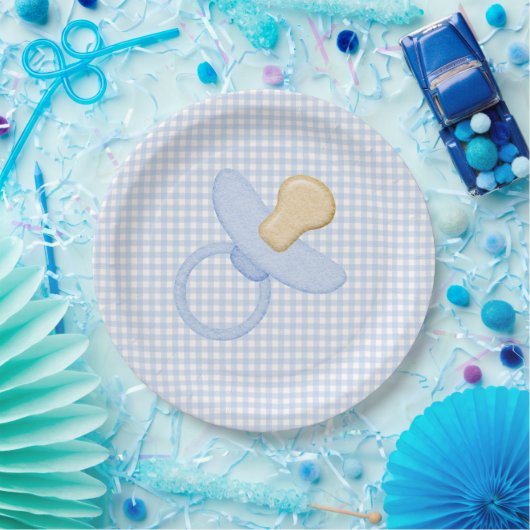 Blue Gingham Baby Boy Pacifier Baby shower Papieren Bordje (Feest)