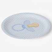 Blue Gingham Baby Boy Pacifier Baby shower Papieren Bordje (Gekanteld)