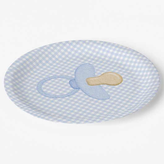 Blue Gingham Baby Boy Pacifier Baby shower Papieren Bordje (Gekanteld)