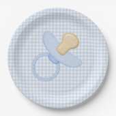 Blue Gingham Baby Boy Pacifier Baby shower Papieren Bordje (Voorkant)