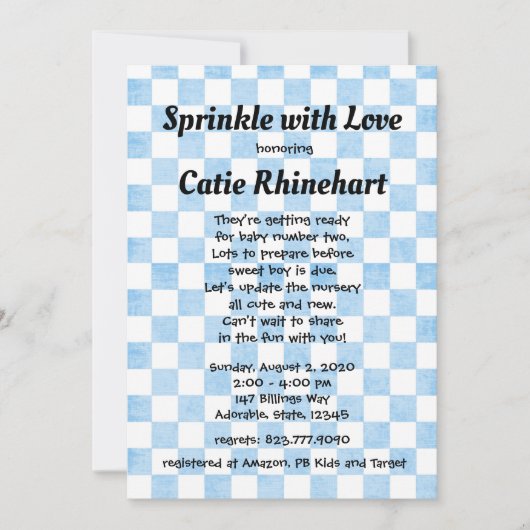 Blue Gingham Baby Boy Shower Sprinkle Invitation Kaart (Voorkant)