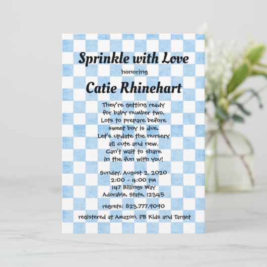 Blue Gingham Baby Boy Shower Sprinkle Invitation Kaart (Staand voorkant)