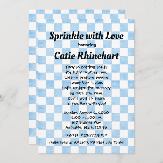 Blue Gingham Baby Boy Shower Sprinkle Invitation Kaart (Voorkant / Achterkant)