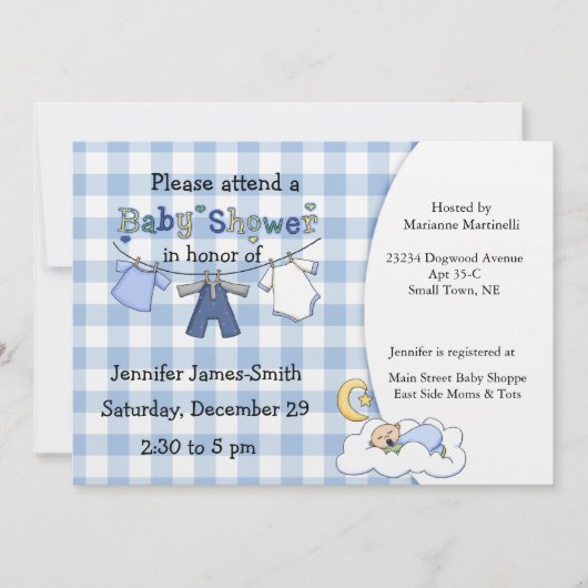 Blue Gingham Baby Boy Shower Uitnodiging (Voorkant)
