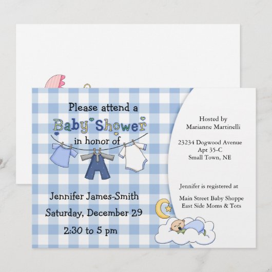 Blue Gingham Baby Boy Shower Uitnodiging (Voorkant / Achterkant)
