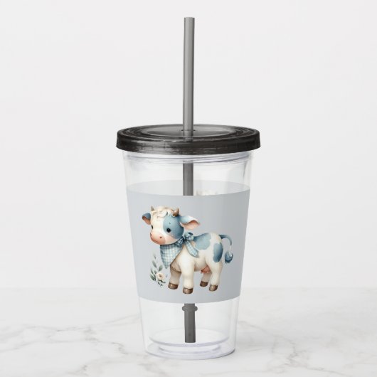 Blue Gingham Baby Cow Pastel Farm Aesthetic Acryl Drinkbeker (Voorkant)