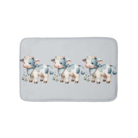 Blue Gingham Baby Cow Pastel Farm Aesthetic Badmat (Voorkant)