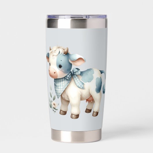 Blue Gingham Baby Cow Pastel Farm Aesthetic Geïsoleerde Drinkbeker (Voorkant)