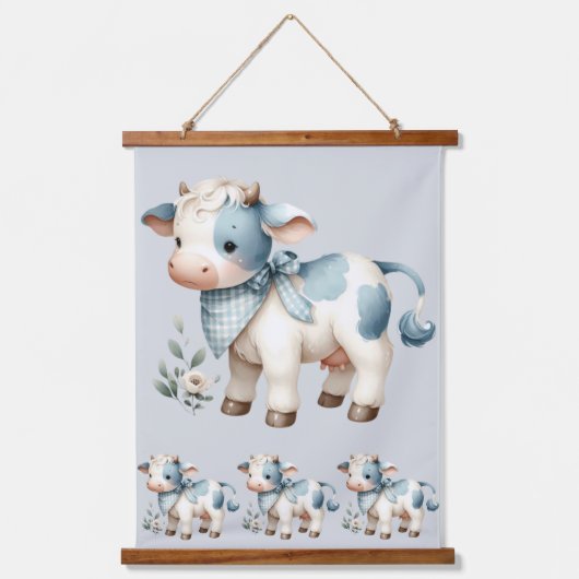 Blue Gingham Baby Cow Pastel Farm Aesthetic Hangend Wandkleed (Voorkant)