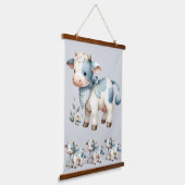 Blue Gingham Baby Cow Pastel Farm Aesthetic Hangend Wandkleed (Gebogen)