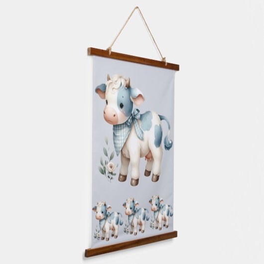 Blue Gingham Baby Cow Pastel Farm Aesthetic Hangend Wandkleed (Gebogen)