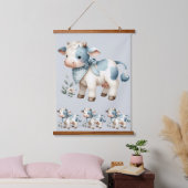 Blue Gingham Baby Cow Pastel Farm Aesthetic Hangend Wandkleed (Slaapkamer)