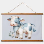 Blue Gingham Baby Cow Pastel Farm Aesthetic Hangend Wandkleed (Voorkant)