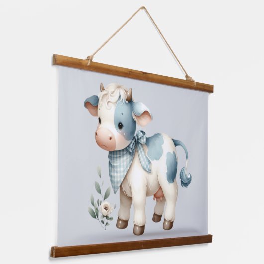 Blue Gingham Baby Cow Pastel Farm Aesthetic Hangend Wandkleed (Gebogen)