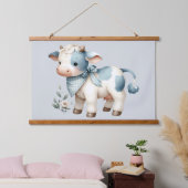 Blue Gingham Baby Cow Pastel Farm Aesthetic Hangend Wandkleed (Slaapkamer)