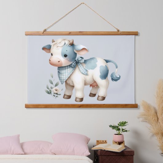 Blue Gingham Baby Cow Pastel Farm Aesthetic Hangend Wandkleed (Slaapkamer)