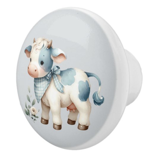 Blue Gingham Baby Cow Pastel Farm Aesthetic Keramische Knop (Rechts)