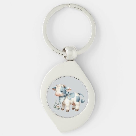 Blue Gingham Baby Cow Pastel Farm Aesthetic Sleutelhanger (Voorkant)