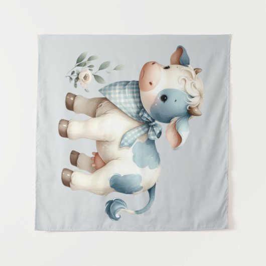 Blue Gingham Baby Cow Pastel Farm Aesthetic Wandkleed (Voorkant (horizontaal))