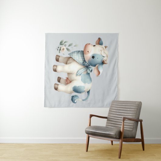 Blue Gingham Baby Cow Pastel Farm Aesthetic Wandkleed (In Situ (horizontaal))