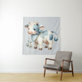 Blue Gingham Baby Cow Pastel Farm Aesthetic Wandkleed (In situ)