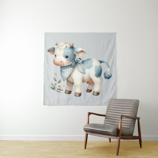 Blue Gingham Baby Cow Pastel Farm Aesthetic Wandkleed (In situ)