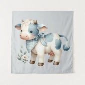 Blue Gingham Baby Cow Pastel Farm Aesthetic Wandkleed (Voorkant)