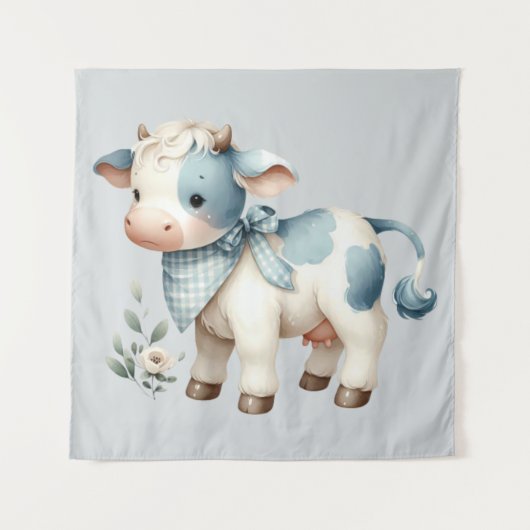 Blue Gingham Baby Cow Pastel Farm Aesthetic Wandkleed (Voorkant)