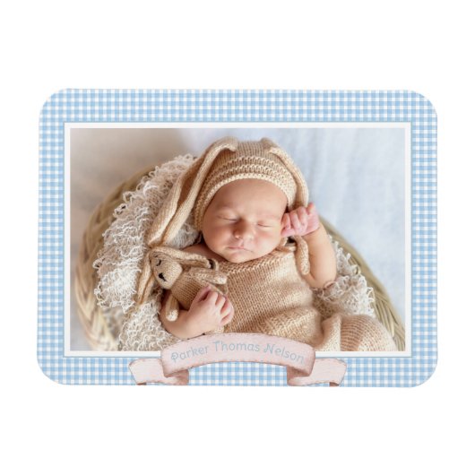 Blue Gingham Baby Foto Magneet (Horizontaal)